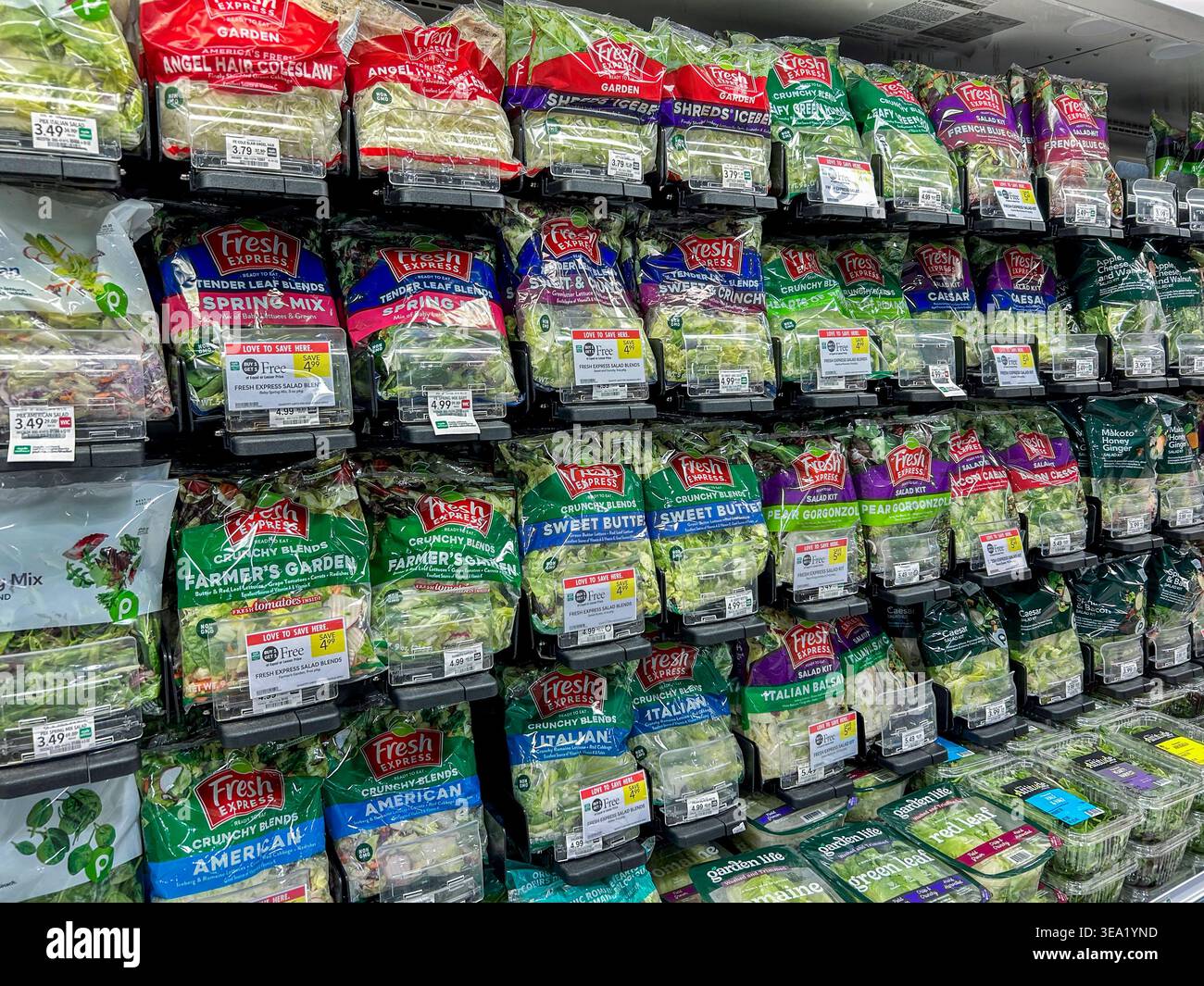 Venedig, Florida, USA, Inside, lokal, amerikanischer Supermarkt, Nahaufnahme innen, Salaten auf der Schau, Plastiktüten Stockfoto