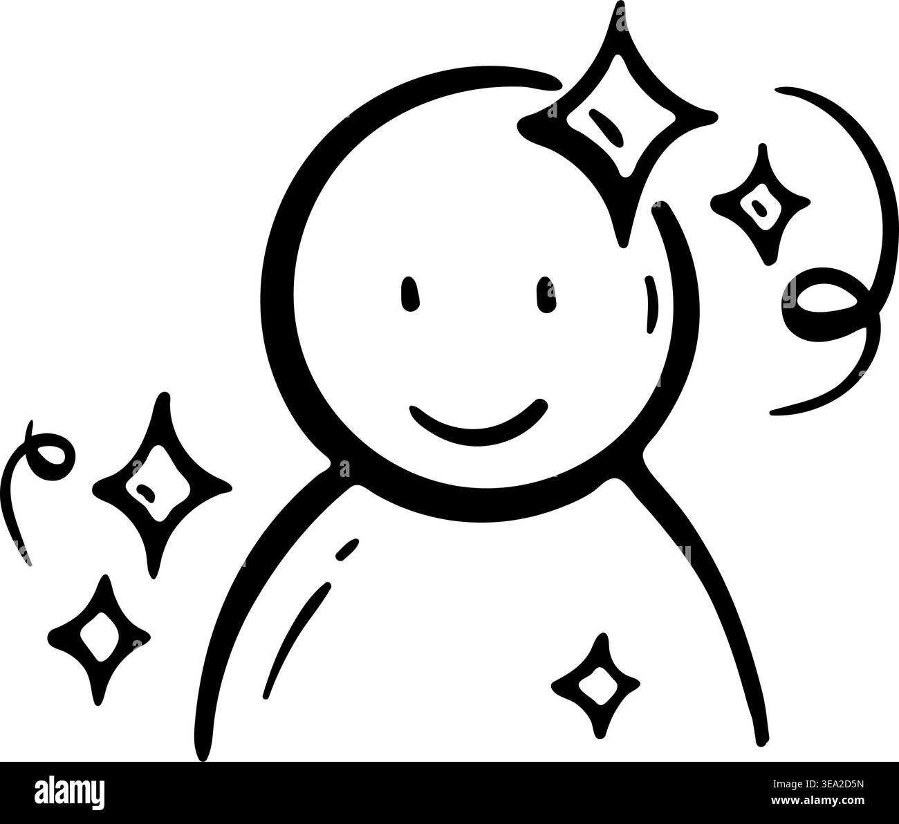 KI-Assistent-Symbol für intelligentes Benutzerprofil und virtuellen Bot-Freund. Handgezeichnete Doodle-Illustration einer lächelnden Person mit magischen Sternen. Stock Vektor
