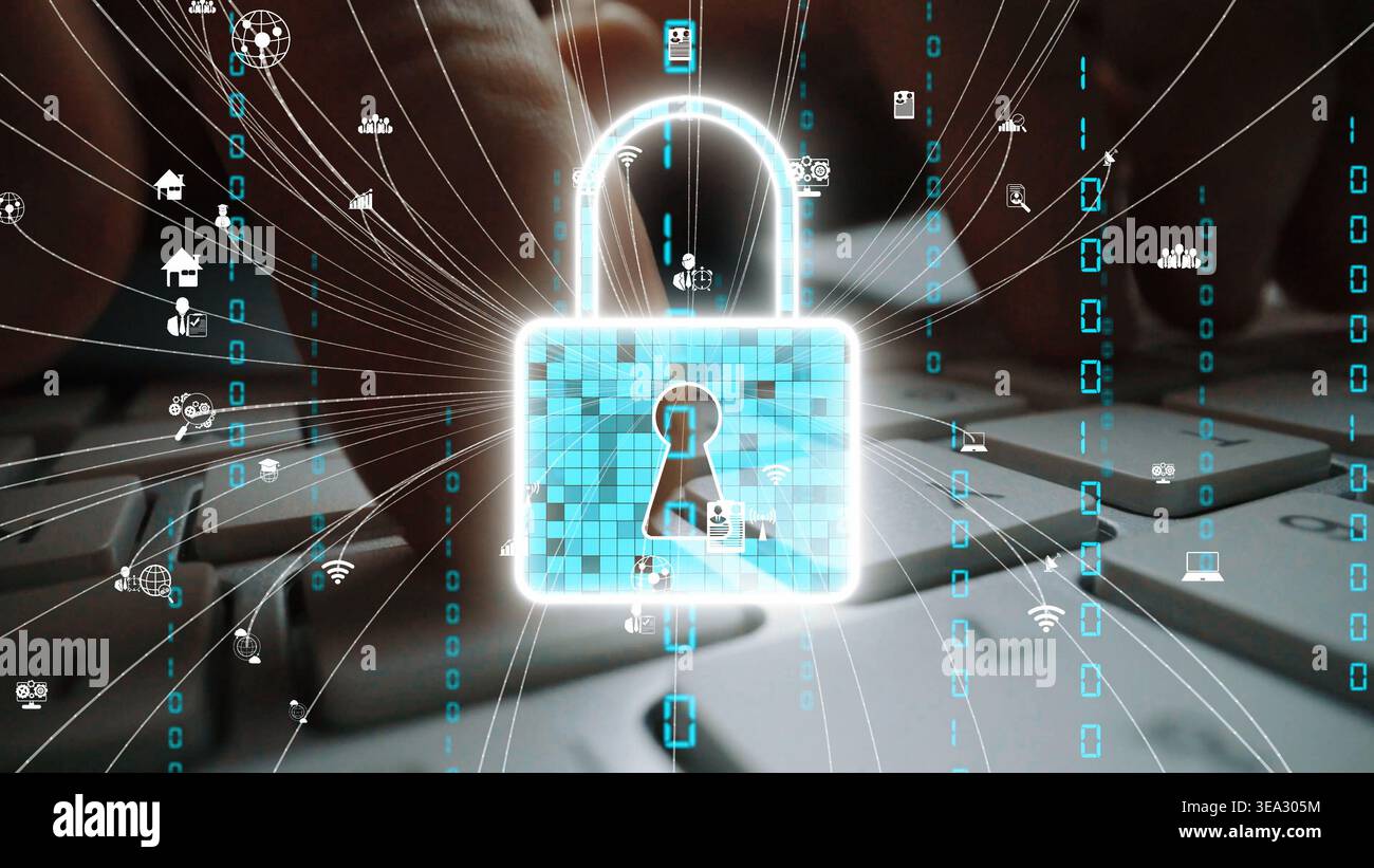Ein digitales Vorhängeschloss, das die Sicherheit im Online-Bereich symbolisiert, umgeben von binären Code- und Datensymbolen, das vor einer Soft-Focus-Tastatur für Cyber steht Stockfoto