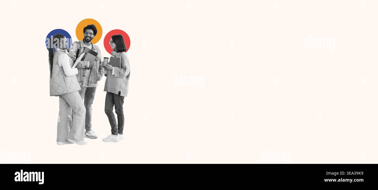 Gruppe von Freunden, die eine Unterhaltung im Collage-Format mit farbenfrohen Hintergründen genießen Stockfoto