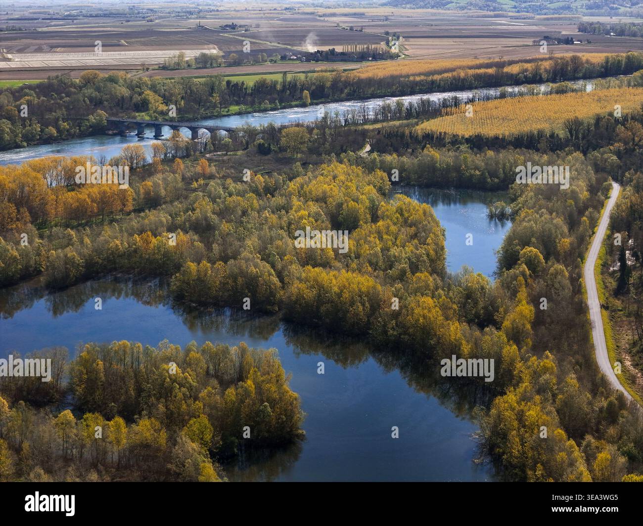 Blick aus der Vogelperspektive auf den Parco Fluviale del Po mit dem Fluss Po, einer historischen Steinbrücke und üppigen Bäumen, die sich in ruhigen Teichen in der Nähe von landwirtschaftlichen Feldern spiegeln Stockfoto