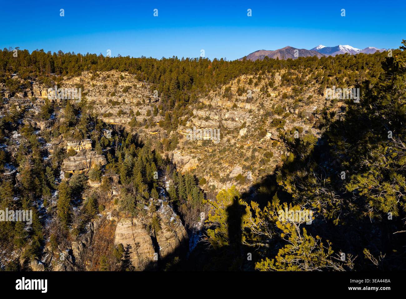 Das Luftpanorama zeigt die schneebedeckte Landschaft des Walnut Canyon unter hellem Sonnenlicht in Arizona Stockfoto
