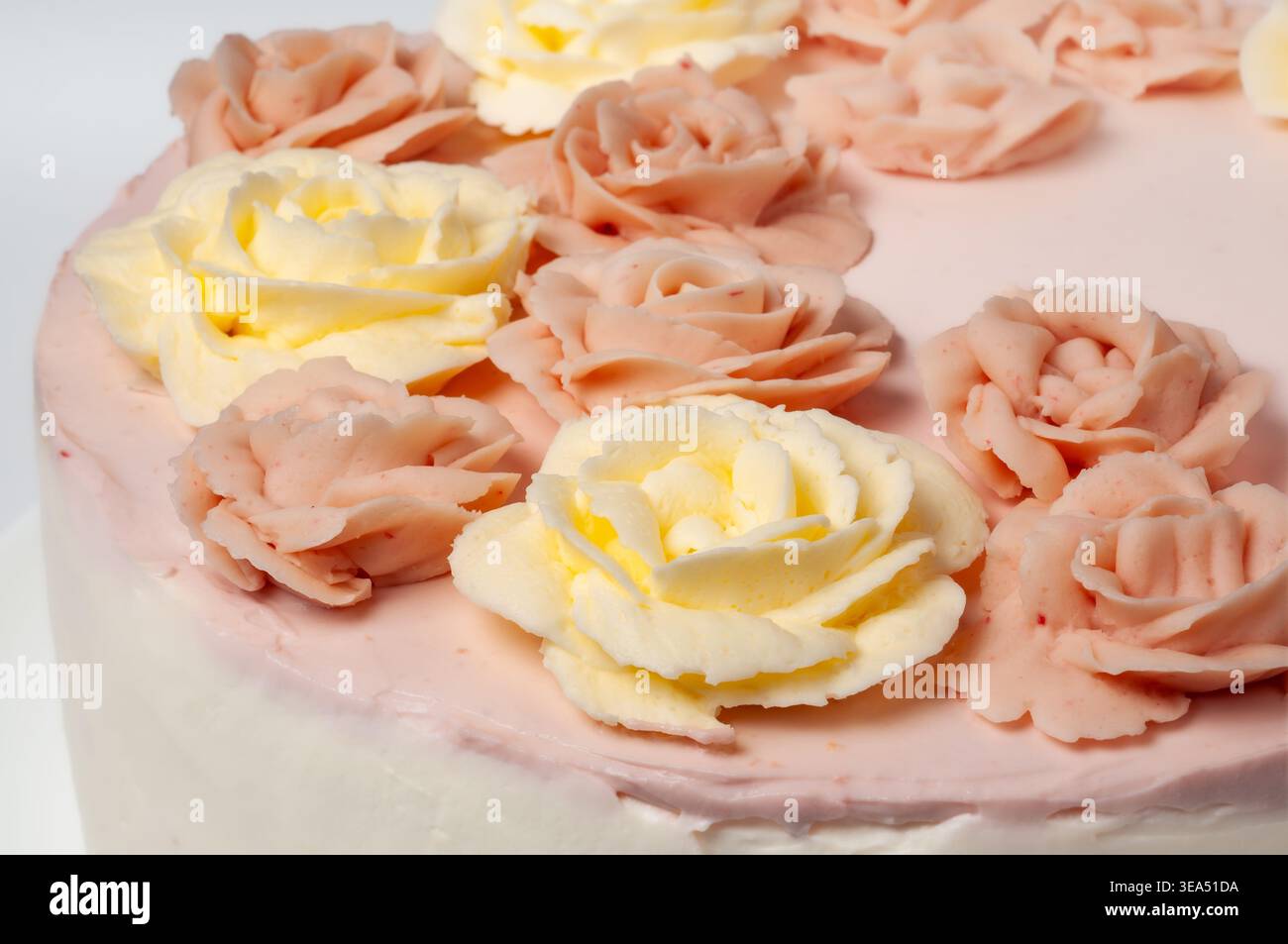 Ein Blick aus der Nähe auf einen wunderschön dekorierten Kuchen mit Buttercremerosen in sanften Rosa- und cremigen Gelbtönen, perfekt für besondere Gelegenheiten Stockfoto