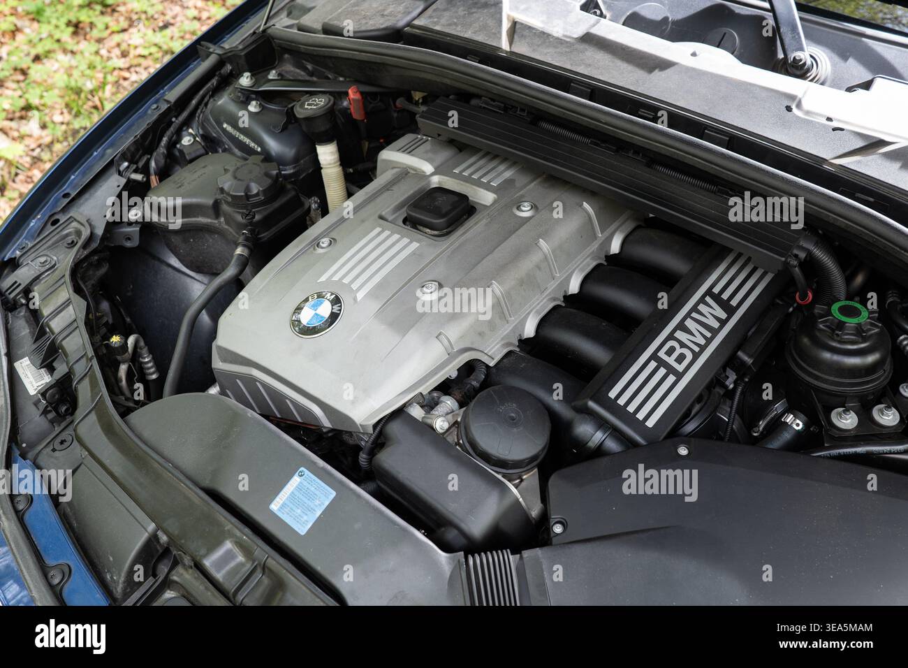 Zürich, Schweiz, 17. April 2026. Draufsicht auf einen silbernen BMW N52B30 3,0-Liter-Reihenmotor mit sechs Benzinmotoren in einem blauen Metallic-Fahrzeug Stockfoto