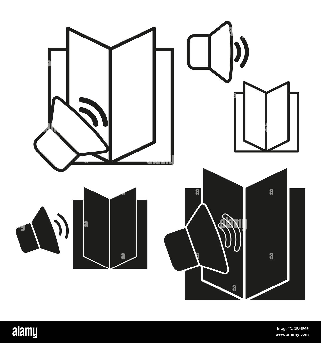 Hörbuch-Symbolsatz. Schallvektormessung. Digitale Lautstärkedetails. Symbol für Audiolernen. Nur manueller Vektor. Kein autotrace verwendet. EPS 10. Stock Vektor