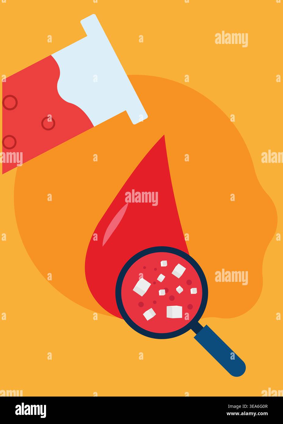 Flache Vektor-Illustration, die eine Blutprobe zeigt, die unter einer Lupe untersucht wird, symbolisiert Labortests, medizinische Diagnostik und Scie Stock Vektor