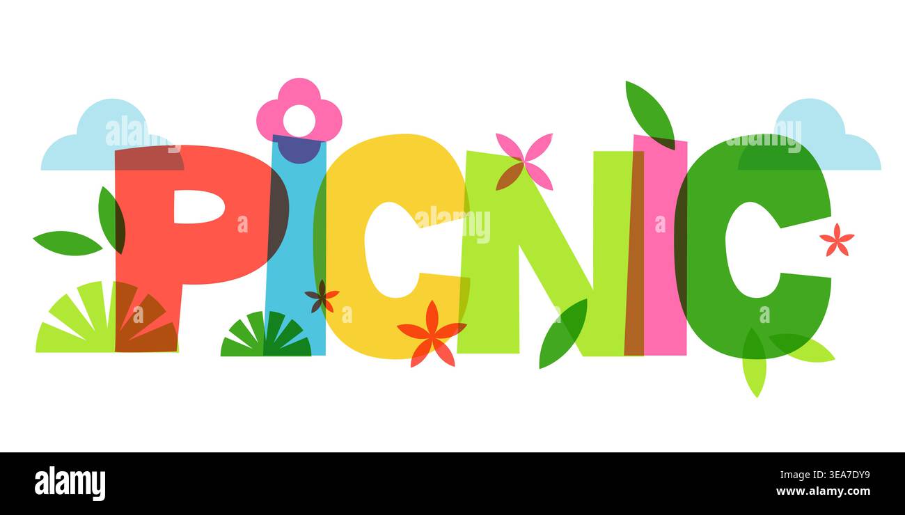 Verspielter Vektor-Picknick-Schriftzug. Bunte, lustige Typografie für Sommereinladungen, Karten und Outdoor-Partys. Poster Banner Moderne Designelemente Stock Vektor