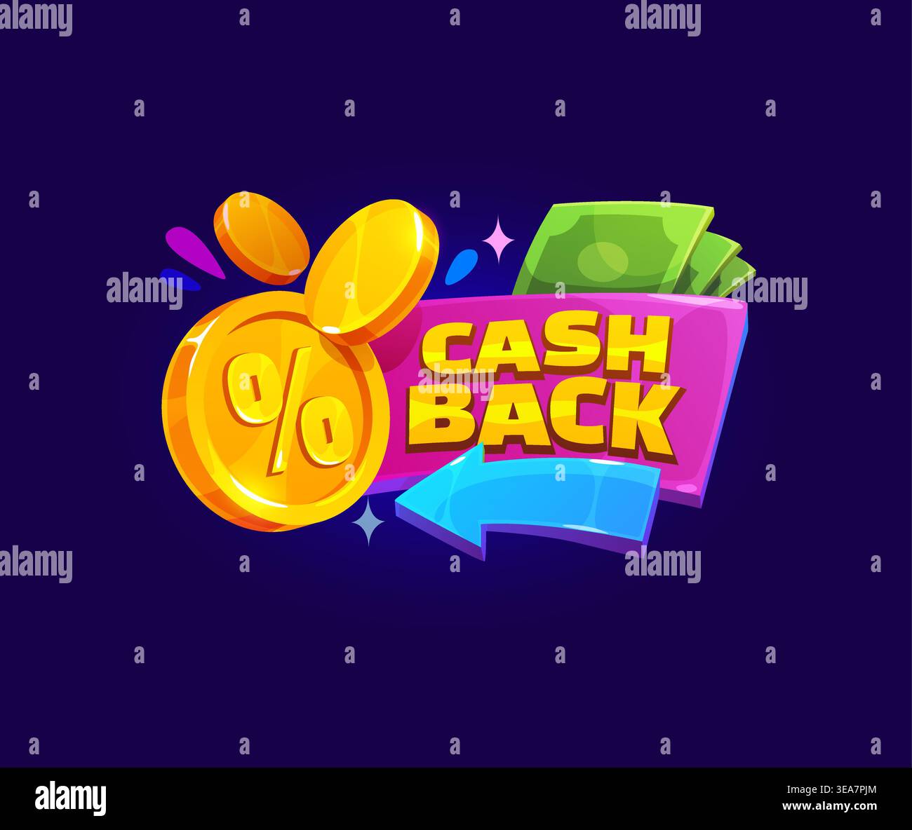 Cash-Back-Symbol, Cash-Back-Belohnung mit goldenen Münzen Stock Vektor