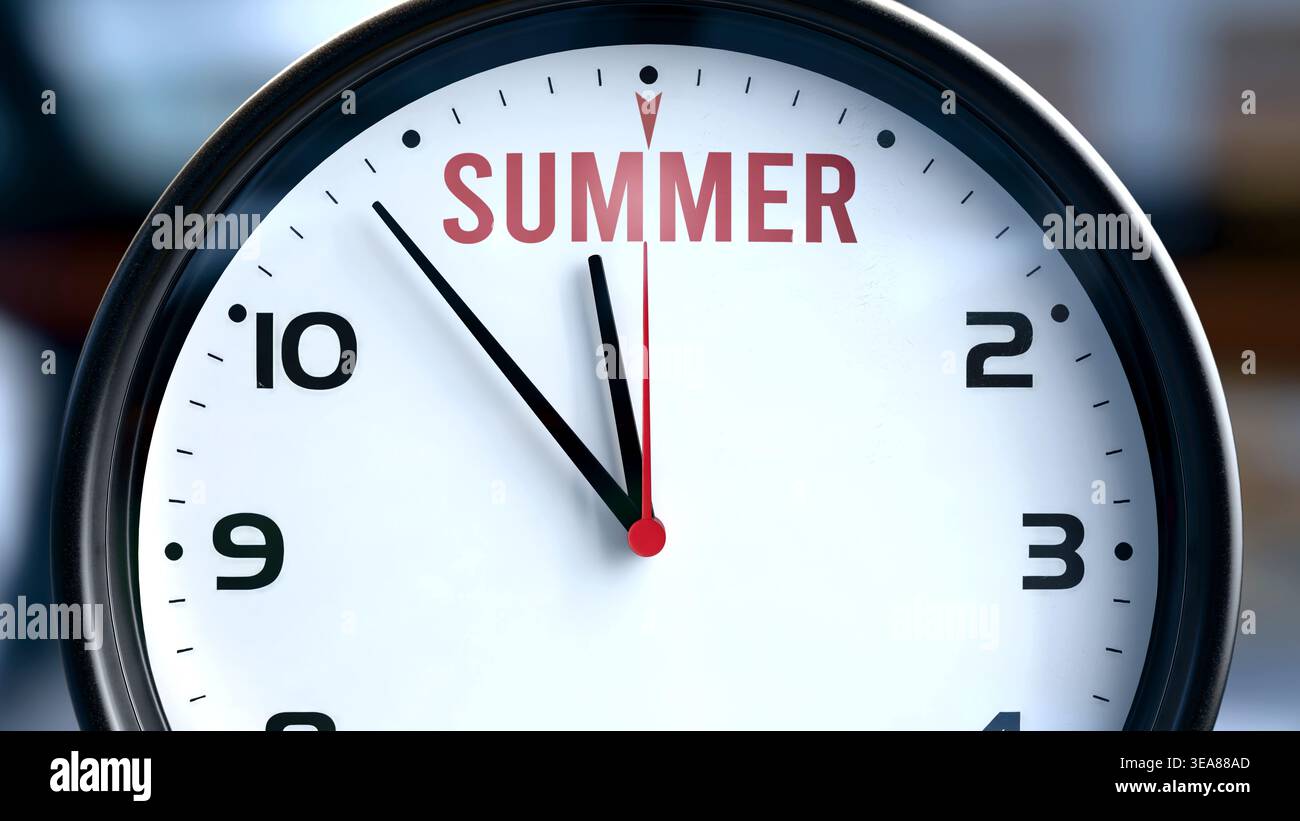 Der Sommer wird bald passieren. Der kommende Sommer wird in naher Zukunft erwartet. Der Sommer ist fast hier, in kurzer Zeit - eine Metapher der Uhr Stockfoto