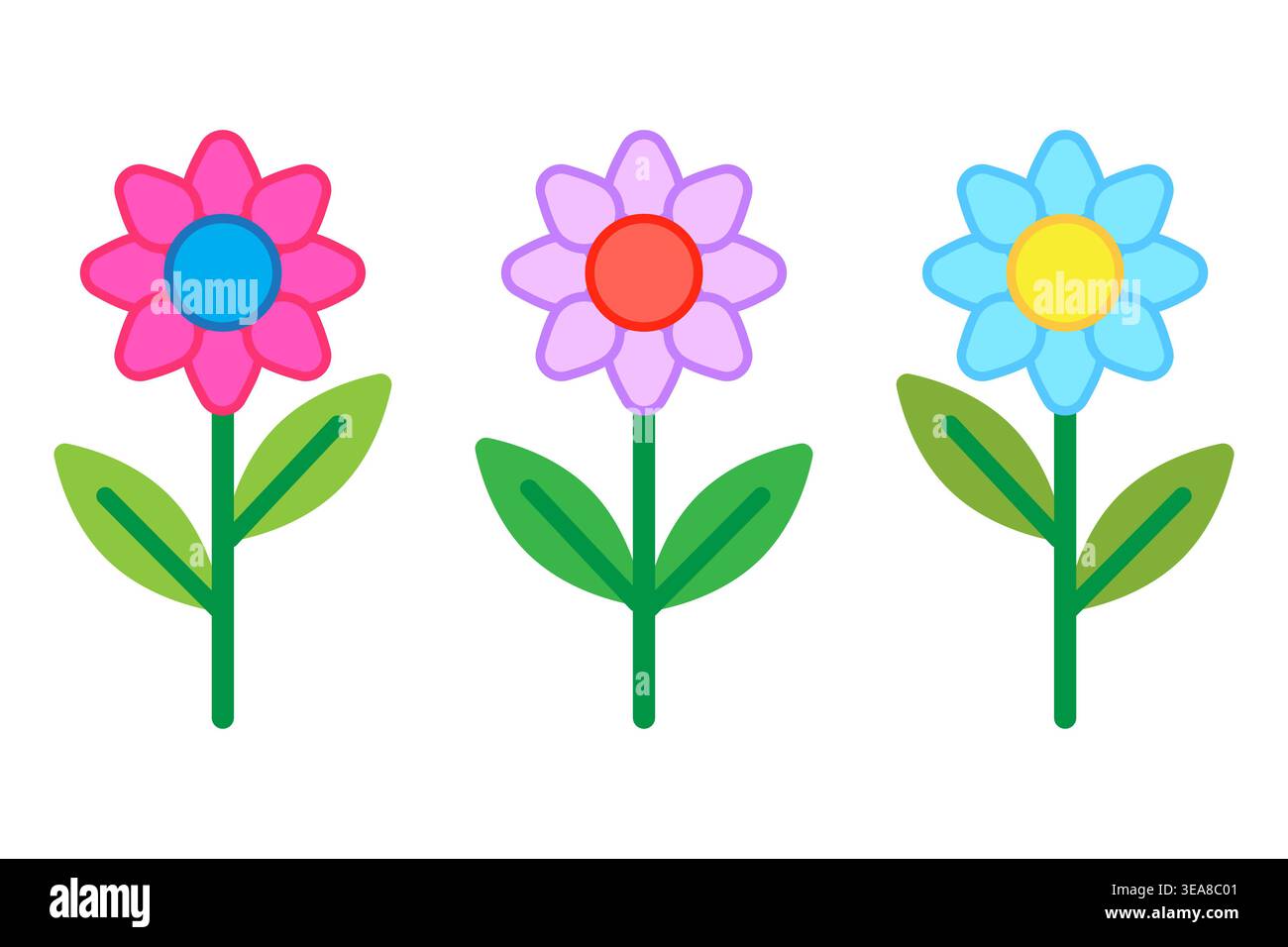 Eine bezaubernde Vector Kollektion von einfachen, farbenfrohen Blumen mit rosa, lila und blauen Blüten mit kontrastierenden Mittelpunkten und grünen Stielen. Stock Vektor