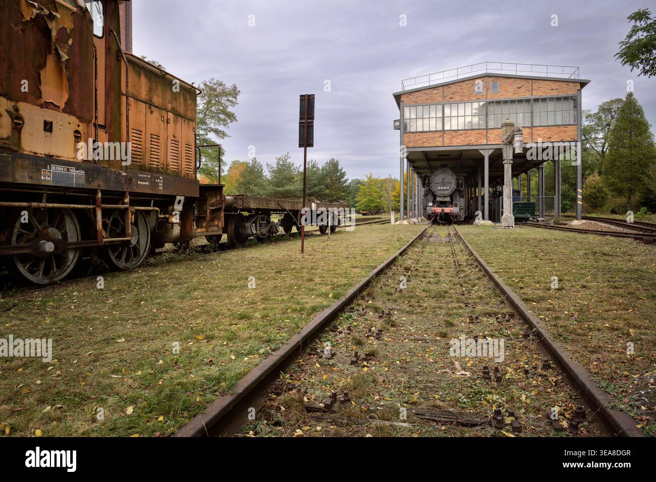 Knappenrode Energy Factory (ehemalige Brikettfabrik), Maschinen auf dem Fabrikgelände mit historischer Dampflokomotive, Sächsisches Industriemuseum, Hoyer Stockfoto
