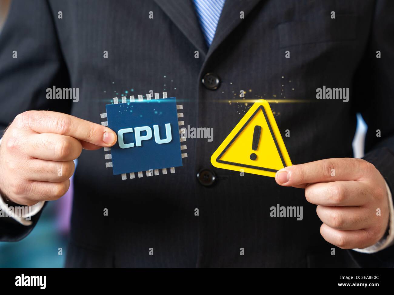 Probleme bei der Herstellung von CPU-Mikrochips. Unterbrechungen der Lieferkette und Rohstoffknappheit verlangsamen die Produktion. Die Halbleiterkrise wirkt sich auf Technolo aus Stockfoto