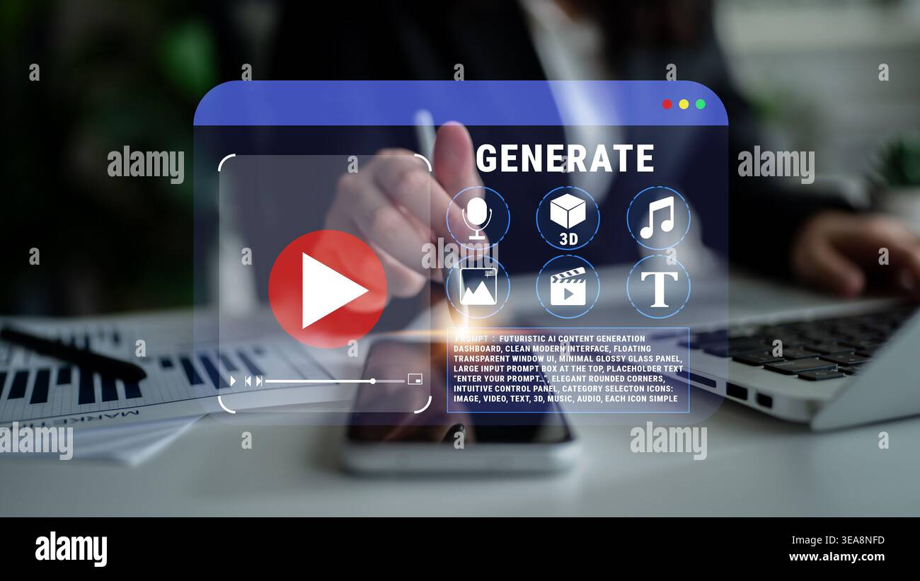 Kreatives Konzept zur Erstellung digitaler Inhalte, das Medientypen wie Video, Musik, Grafiken und Text mit Benutzerinteraktion auf Mobilgeräten zeigt Stockfoto