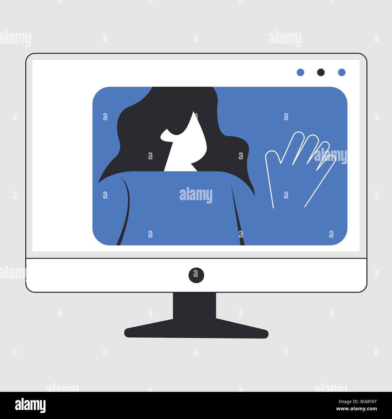 Frau winkt hallo während eines Ferngesprächs auf einem Computermonitor Vektorillustration. Stock Vektor