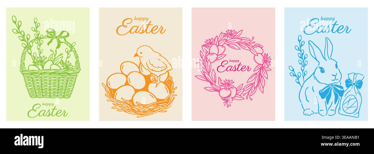 Happy Easter Silhouetten-Poster-Set. Grüne, gelbe, rosa und blaue Postkarten mit Osterskizzen. Korb mit Eiern, Küken und Kaninchen. Flacher Vektor Stock Vektor