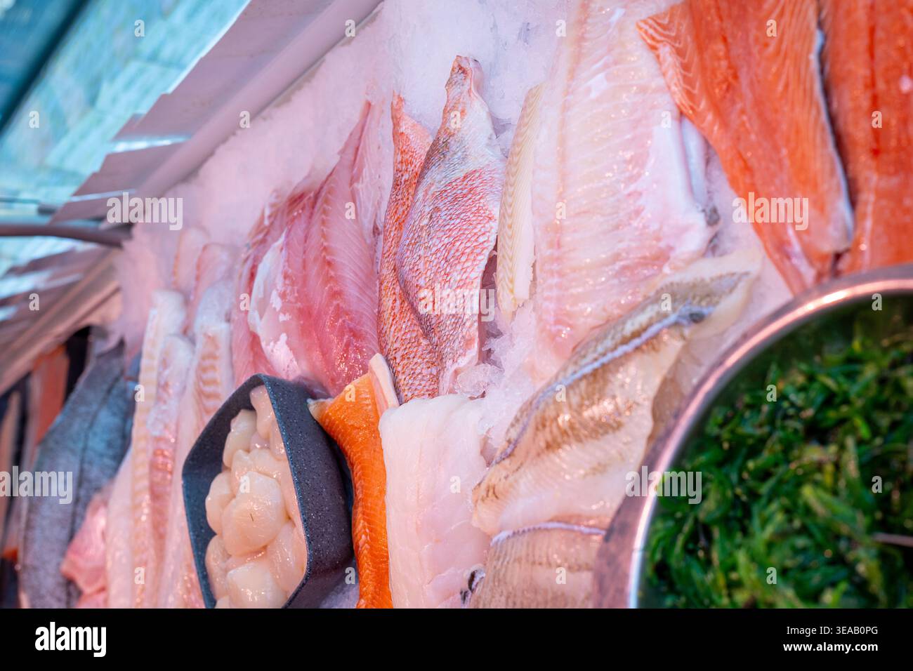 Auf einem Markt werden verschiedene Fisch- und Meeresfrüchte auf Eis serviert. Helle Farben und verschiedene Typen zeigen Frische an. Käufer durchsuchen die Auswahl. Stockfoto