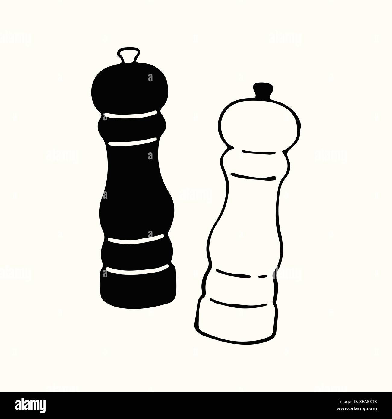 Kritzeln Sie handgezeichnete Illustration mit einer klassischen Salz- und Pfeffermühle in minimalistischem Stil. Die kontrastreiche Schwarz-weiß-Vektorgrafik ist ideal Stock Vektor