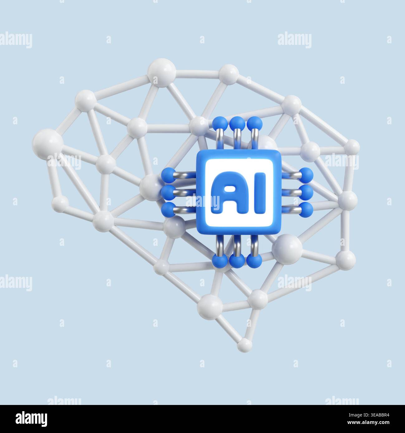 3D-Rendering des KI-Hirnkonzepts mit neuronalem Netzwerk, künstlicher Intelligenz Stockfoto