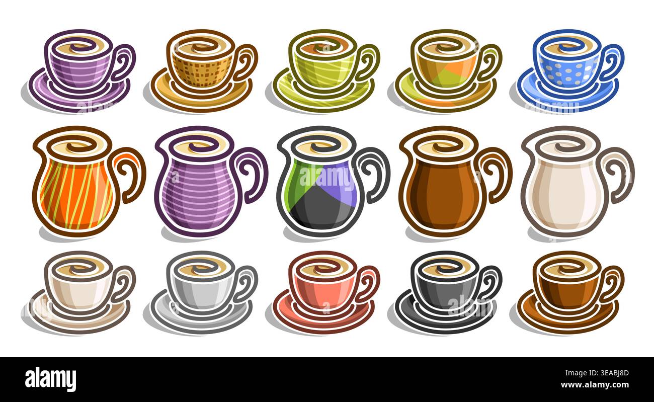 Vector Cups Set, große Sammlung von ausgeschnittenen einfachen Clipart bunte Kaffeetassen, viele Objekte von süßen heißen Getränken in großen Keramikbechern und Porzellan m Stock Vektor