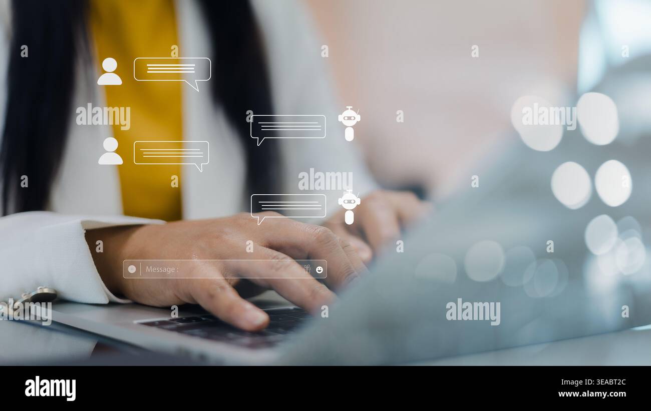 KI-Chatbot für Kundenservice und Support, automatisiertes Messaging-System für Geschäftskommunikation, künstliche Intelligenz Chatbot auf Laptop-Bildschirm, Di Stockfoto