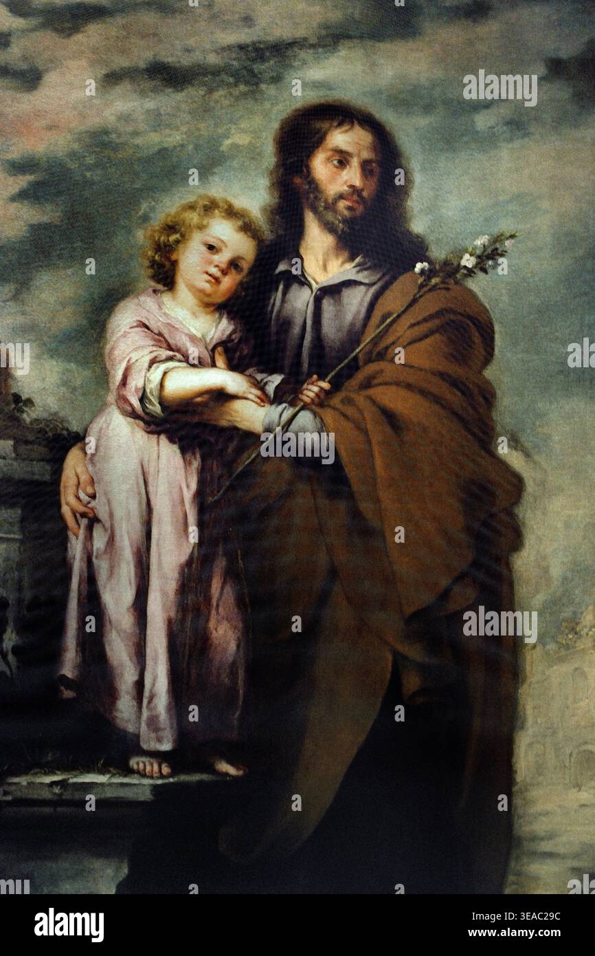 Saint Joseph and the Christ Child, ein Gemälde auf Leinwand, das um 1670-1675 von Bartolomé Esteban Murillo geschaffen wurde. Es zeigt den Heiligen Joseph, der einen blühenden Stab hält und mit dem Jesuskind spaziert, Museo de Bellas Artes, Sevilla, Spanien, Museum für schöne Kunst. Stockfoto