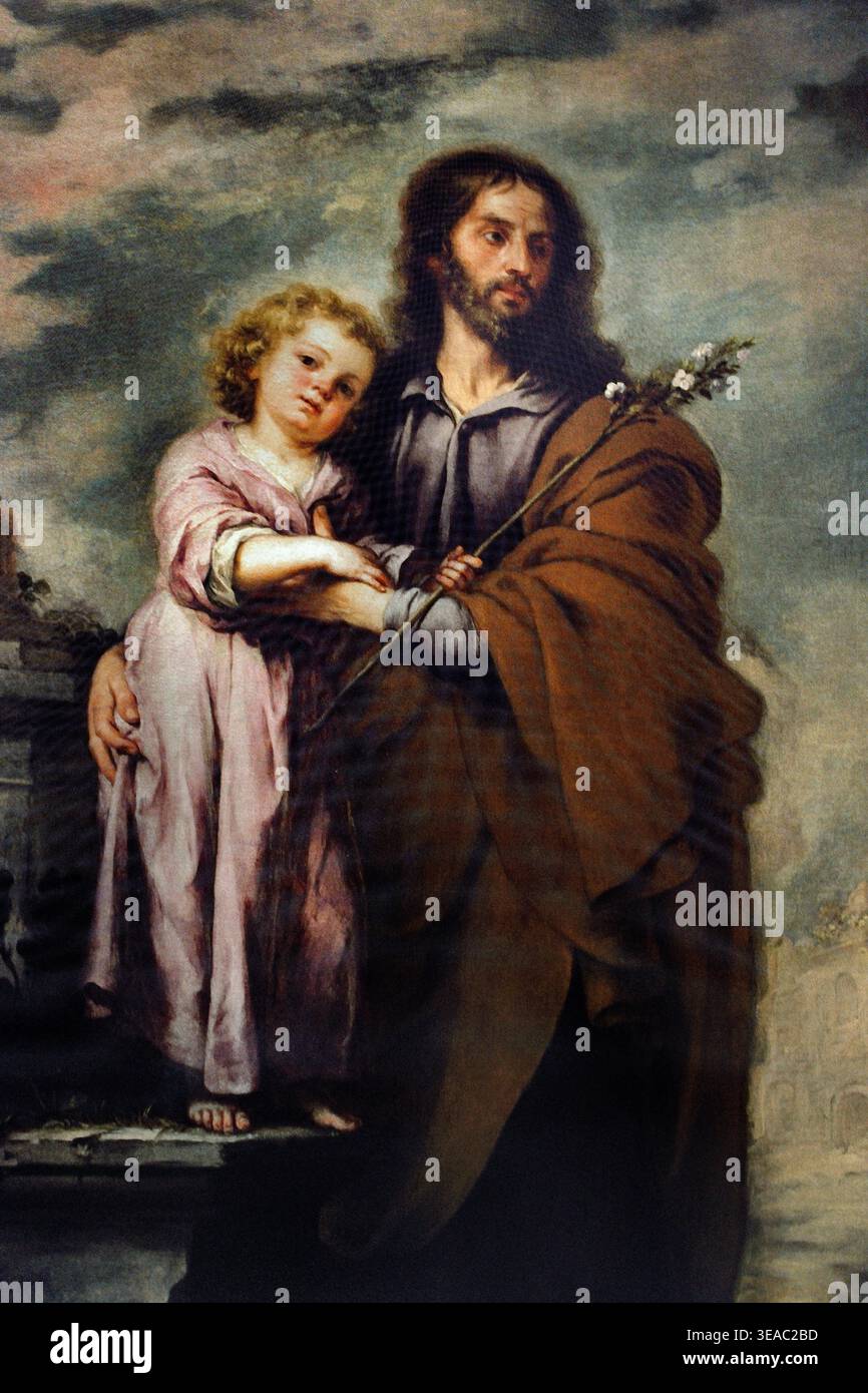 Saint Joseph and the Christ Child, ein Gemälde auf Leinwand, das um 1670-1675 von Bartolomé Esteban Murillo geschaffen wurde. Es zeigt den Heiligen Joseph, der einen blühenden Stab hält und mit dem Jesuskind spaziert, Museo de Bellas Artes, Sevilla, Spanien, Museum für schöne Kunst. Stockfoto
