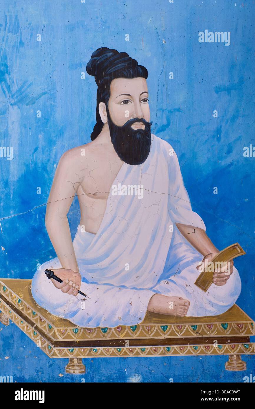 Wandgemälde in Kanchipuram, Südindien, des legendären Rishi (heiliger, Seher) Agastya oder Agasti, der als vorvedische Kulturikone insbesondere in Tamil Nadu gilt Stockfoto