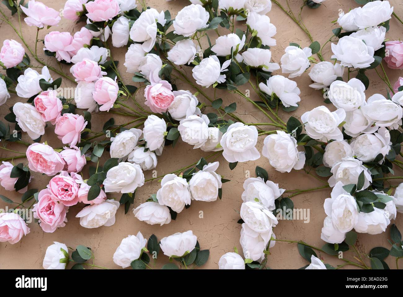Künstliche weiße und rosafarbene Rosen auf einer Lehmwand. Blumenmuster. Wanddekoration. Konzept: Floraler Hintergrund Stockfoto