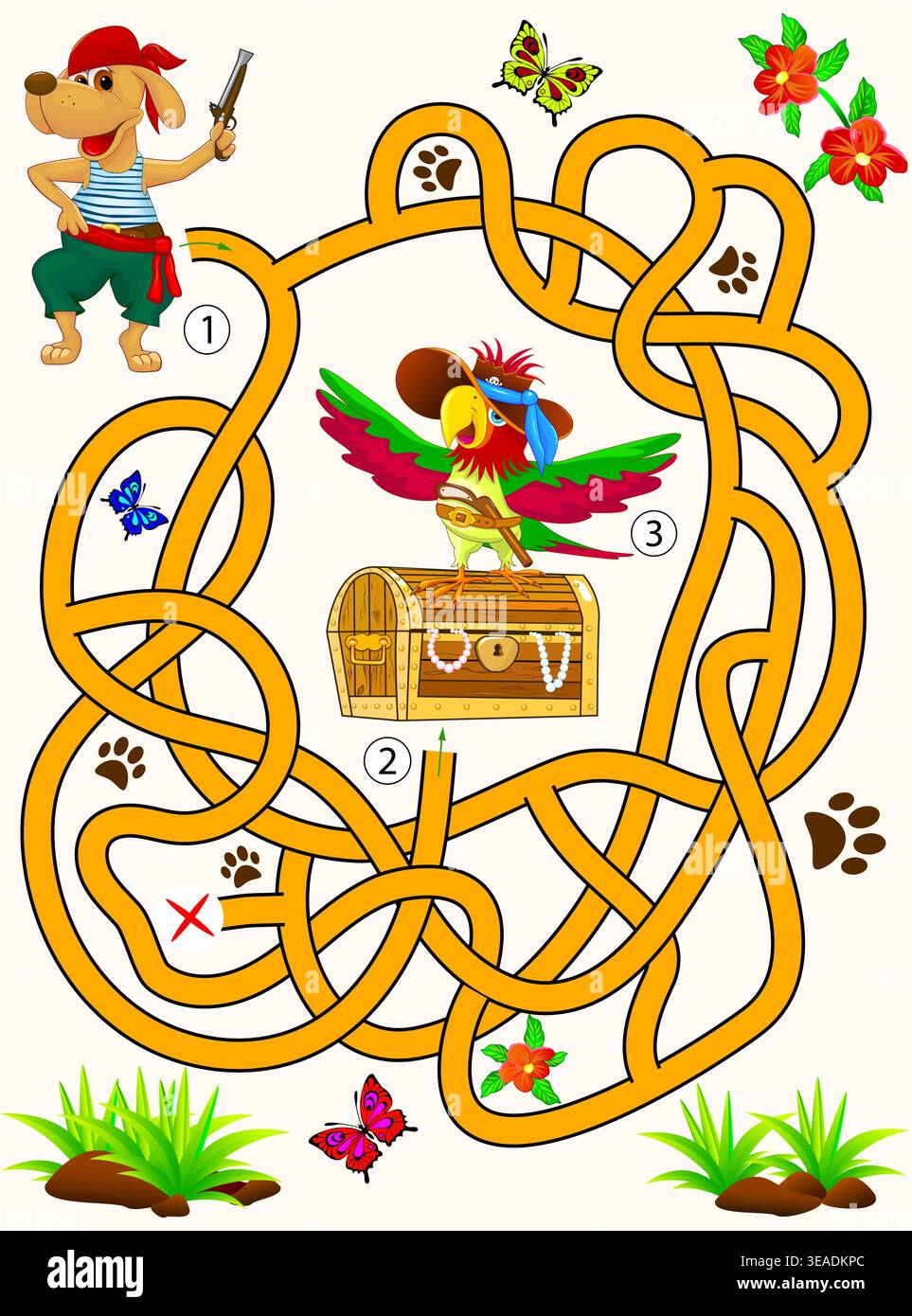 Ein Labyrinth-Spiel für Kinder. Hilf dem Hund, den Weg zur Brust und zum Papagei zu finden. Stock Vektor