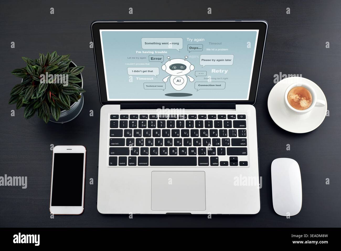 Laptop mit KI-Assistent, umgeben von mehreren Fehlermeldungen. Konzept von Versagen künstlicher Intelligenz, Systemüberlastung, Chatbot-Problem Stockfoto