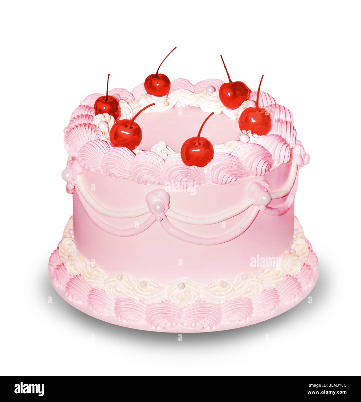 Rosafarbener Kuchen im Retro-Lambeth-Stil mit roten Cocktailkirschen, isolierter Hochwinkelblick. Stockfoto