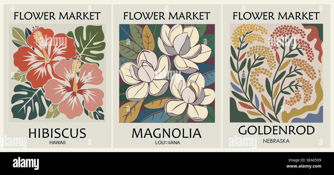 Blumenmarkt-Retro-Poster mit Staatsblume Stock Vektor