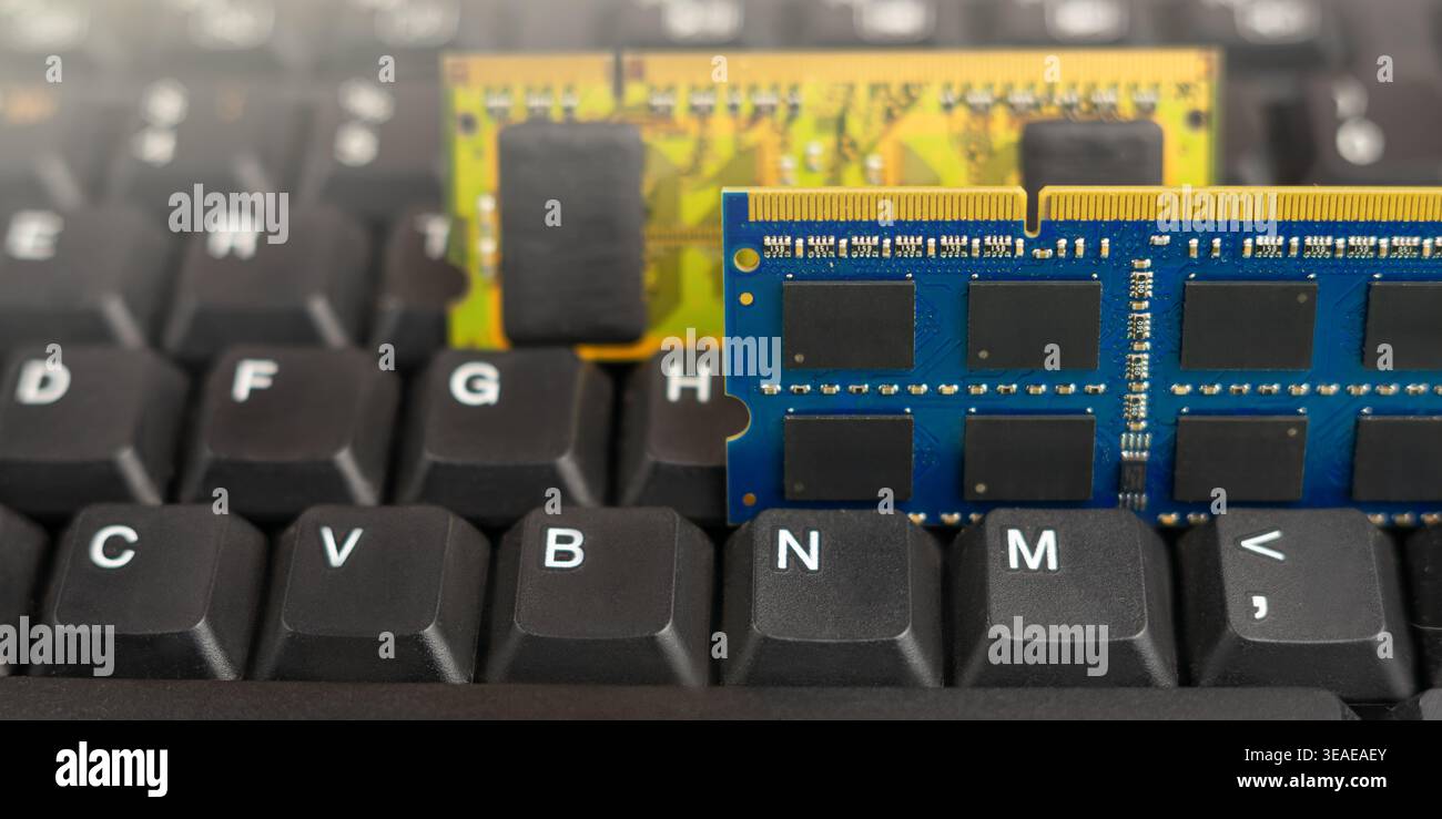 Zwei Speichermodule sitzen auf einer schwarzen Tastatur in einem Heimbüro, während jemand an einem Technologieprojekt arbeitet. Stockfoto