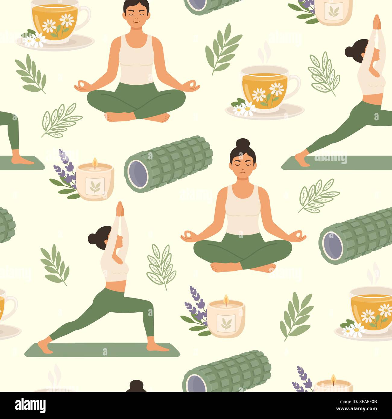 Kuscheliges, nahtloses Muster mit Yoga-Elementen und Kräutertee Stock Vektor