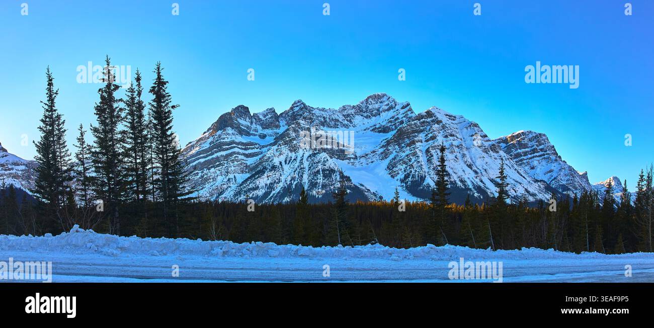 Panorama Schneebedeckte Rocky Mountains und Evergreen Forest in Winter Alberta Stockfoto