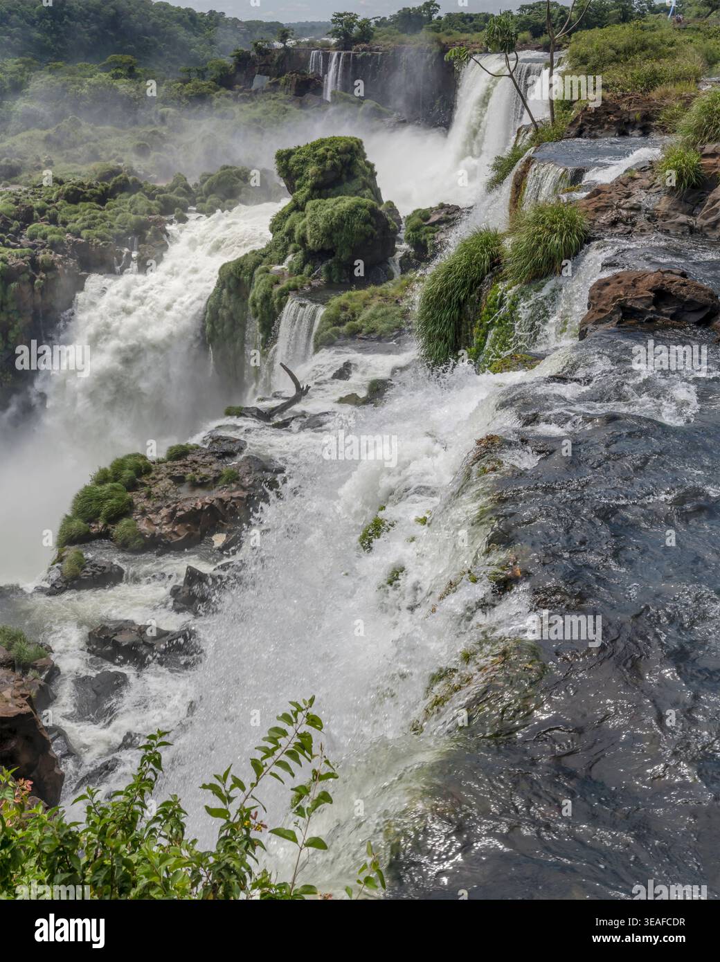 Landschaft mit trüben Wasser und Schaum zwischen Felsen bei Mendez Jump, aufgenommen im hellen Sommerlicht an den Iguazu Wasserfällen, Misiones, Argentinien Stockfoto