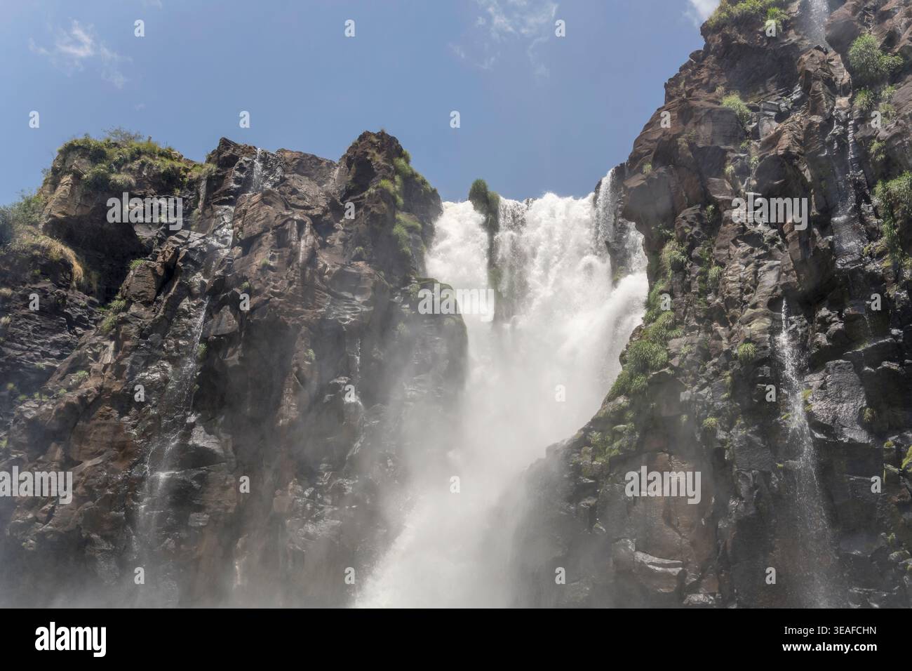 Landschaft mit Wasser, das auf schwarze Felsen fällt, im Ton der Mosqueteros-Sprünge im Naturpark, von unten im hellen Sommerlicht an den Iguazu-Wasserfällen geschossen, Stockfoto