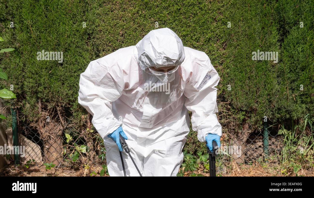 Frau in weißem Schutzanzug, Kapuze und Gesichtsmaske, die eine Pestizidspritzlanze mit beiden Händen in einem grünen Garten mit Hecke Hintergrund hält. Stockfoto
