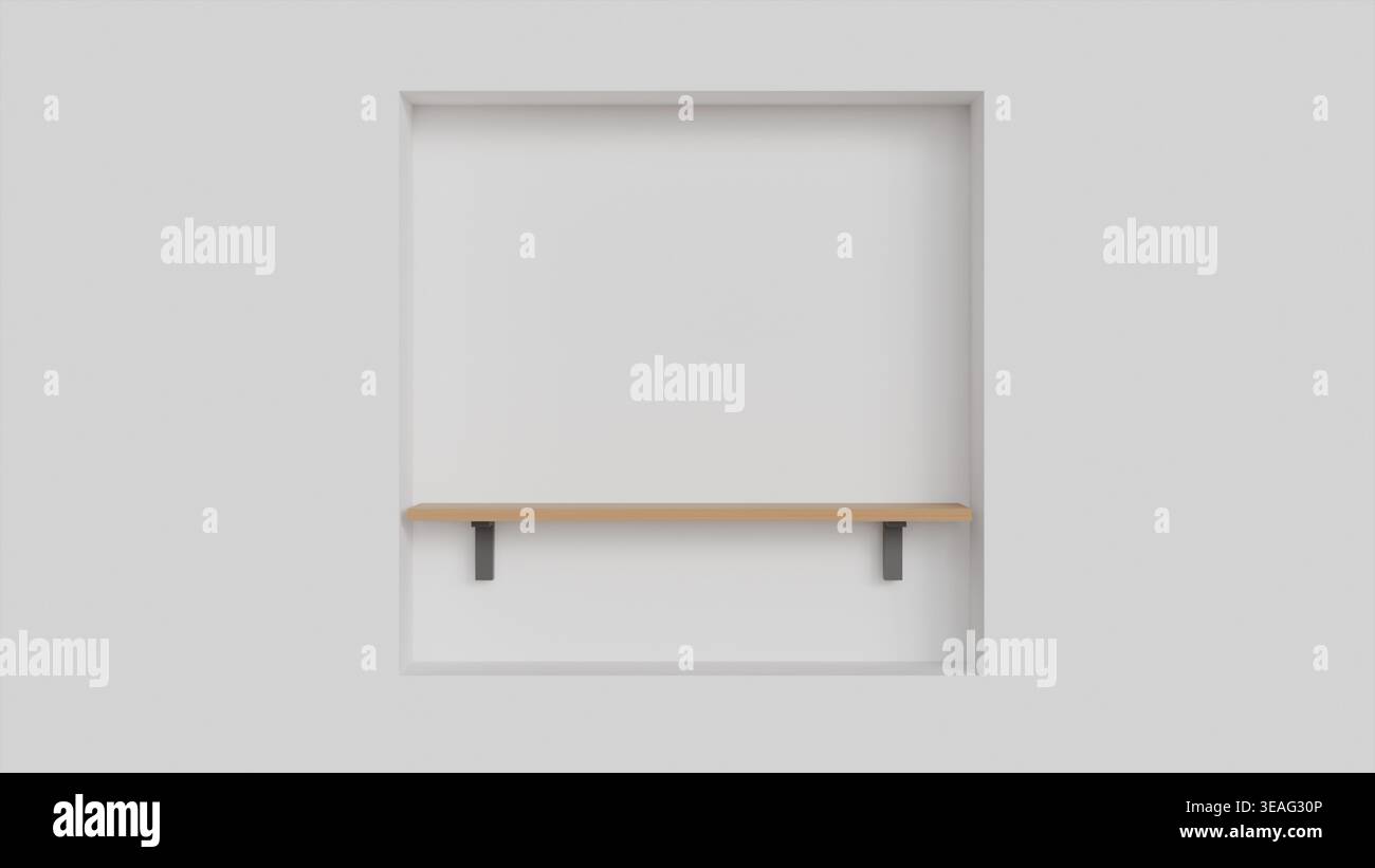 Ein leeres Wandregal aus Holz auf weißem Hintergrund für Produktplatzierung, Innendekoration, Artikelanzeige und Modell Stockfoto