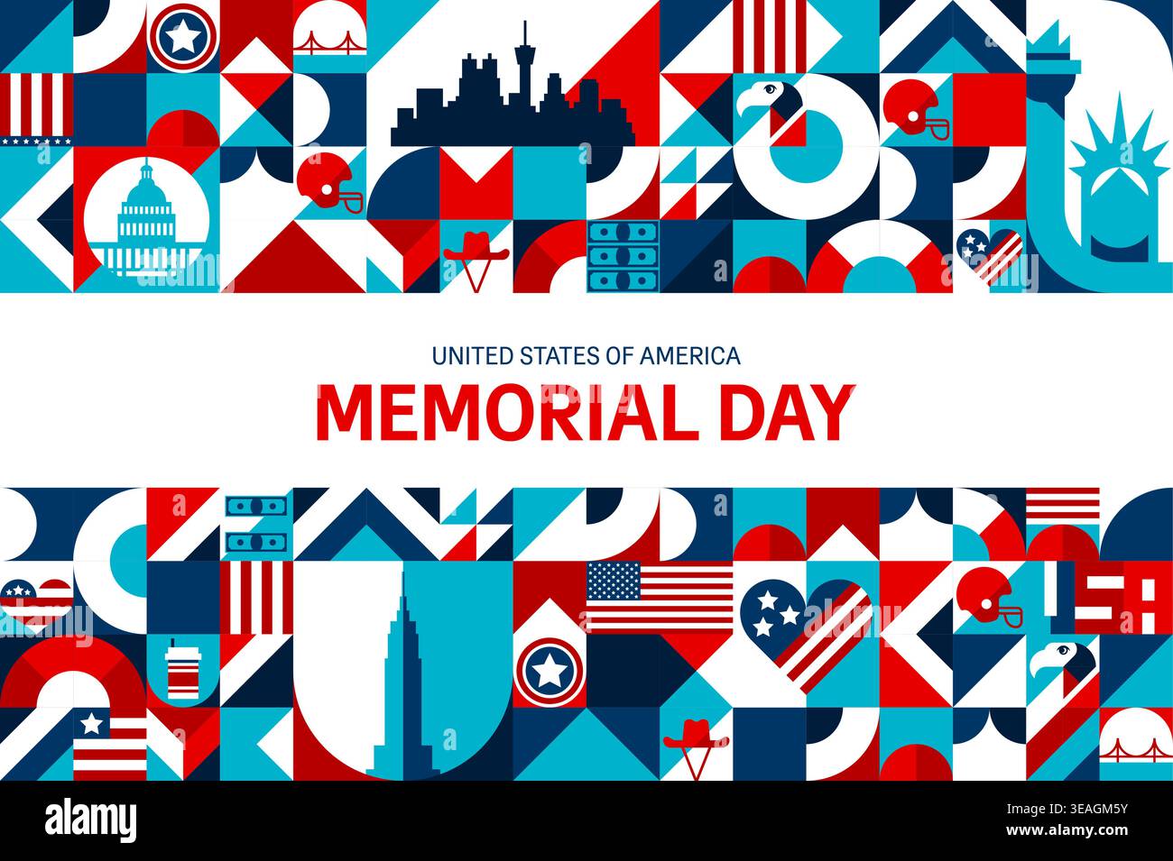 US Memorial Day Banner mit geometrischem Muster. Vektor-Retro-moderner abstrakter Fliesenhintergrund mit US-amerikanischen Wahrzeichen. Patriotische Flagge, amerikanische Symbole, Adler, Freiheitsstatue, Kapitol Stock Vektor