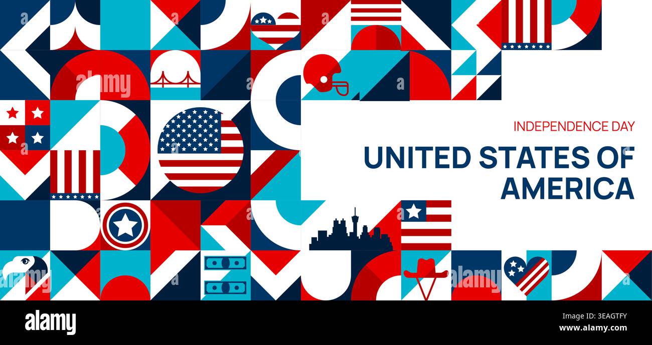 Banner zum Unabhängigkeitstag der USA mit modernen geometrischen Mustern und Wahrzeichen der USA und nationalen Symbolen. Vektor abstrakte Kachel Hintergrund mit patriotischer Feiertagsfahne, Sternen und Streifen Stock Vektor
