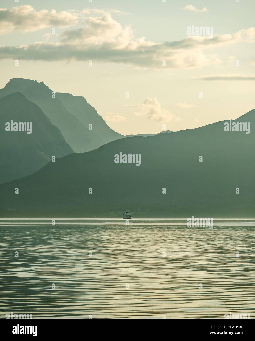 Sanft gestreute Bergsilhouetten, die sich über einem vollkommen ruhigen norwegischen Fjord bei nebeliger Atmosphäre erheben, ideal für minimales und meditatives c Stockfoto