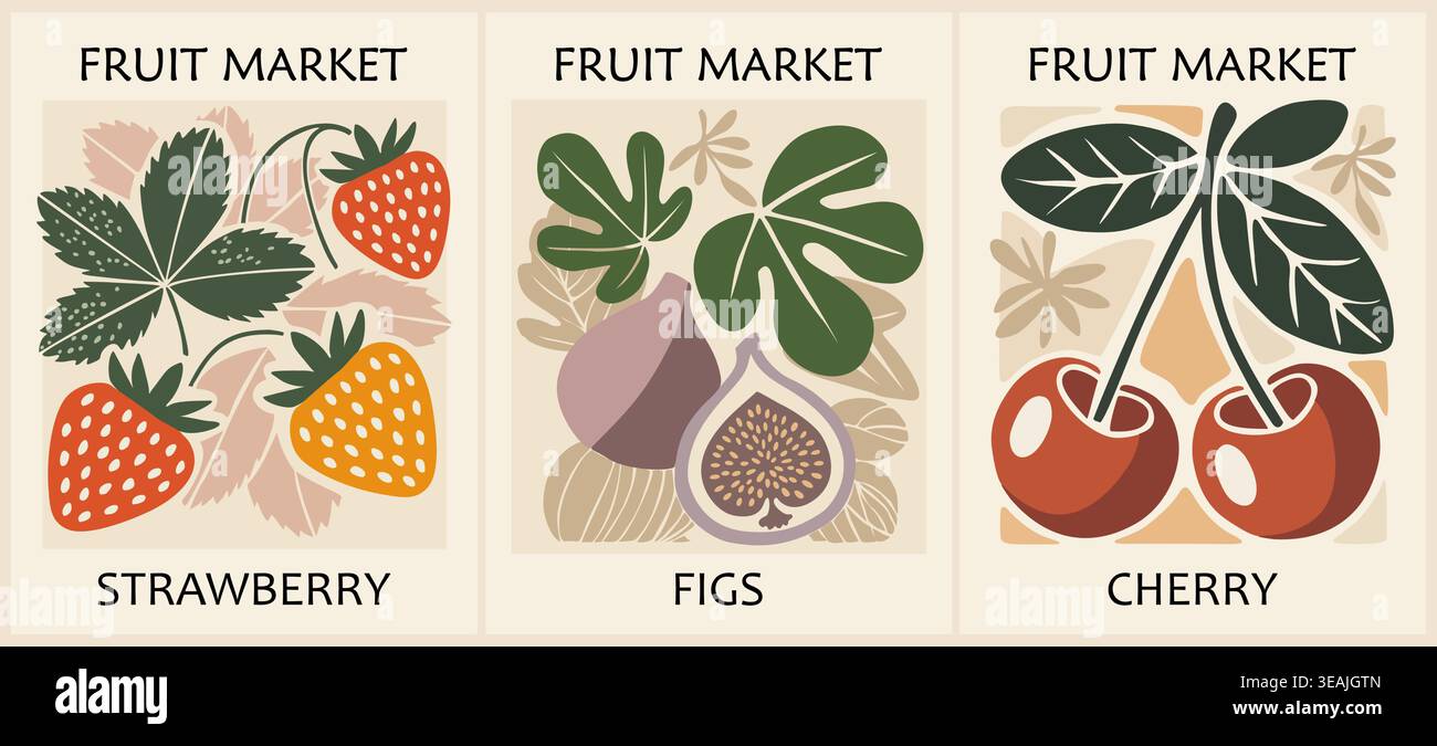 Obstmarkt-Poster mit Feigen, Erdbeere, Kirsche Stock Vektor