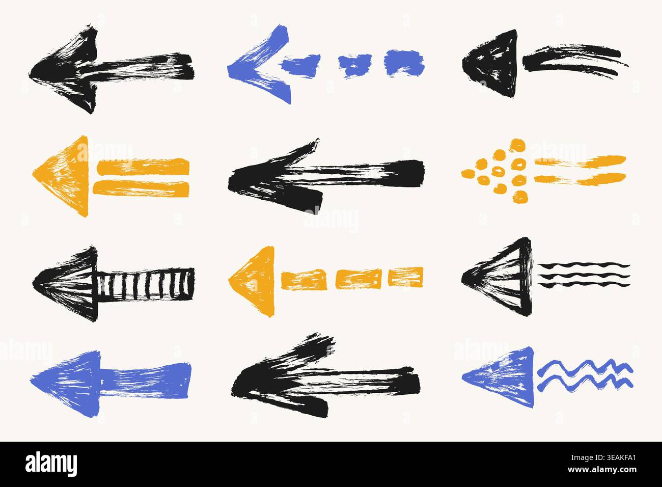 Handgezeichneter, strukturierter Pfeile aus Grunge. Die Kollektion „Creative Arrows“ mit Doodle-Pinselstrich. Vektor mit dicker Farbe: Pfeile, die nach links zeigen. Gerade Stock Vektor