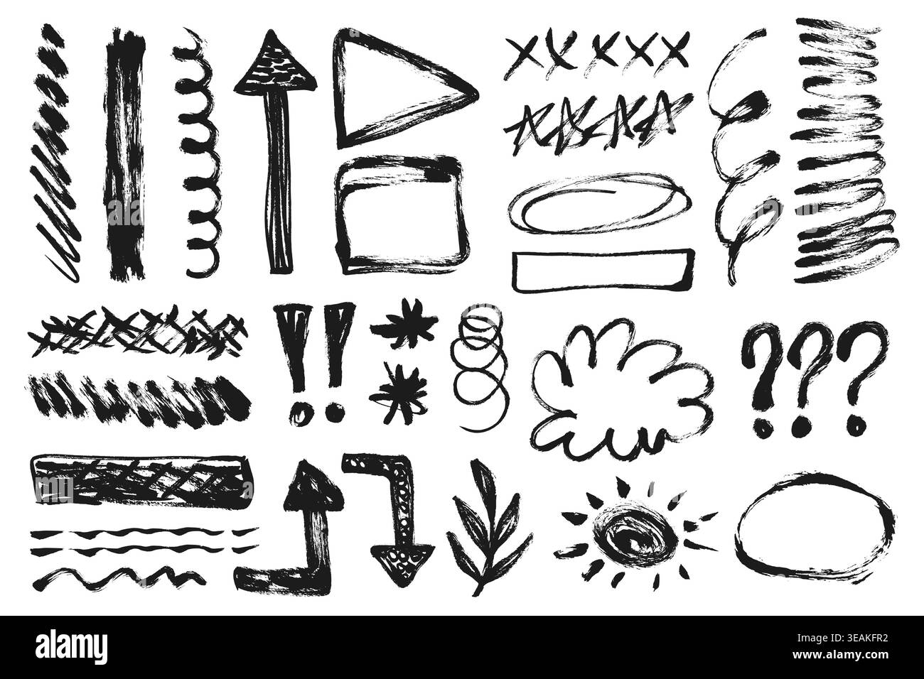 Grunge Scribble Elements Set. Handgezeichnete Grungy Doodle Elements Kollektion. Skizzieren Sie Pinselstriche, um Formen zu unterstreichen. Marker, dekorative Highlight aus Kreide Stock Vektor
