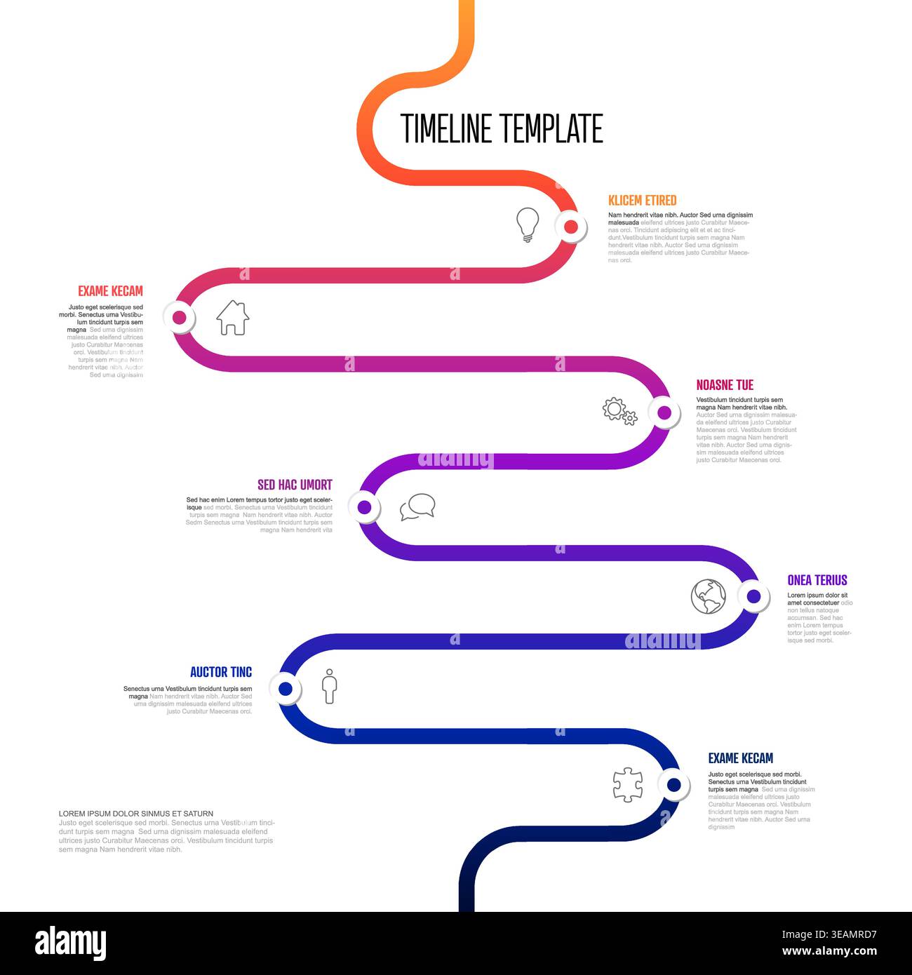 Diese Infografik-Zeitachsenvorlage verfügt über einen farbenfrohen Wickelweg mit sieben Datenpunkten. Verwenden Sie diese Infografik-Vorlage für die Zeitachse der Roadmap zur Präsentation Stock Vektor