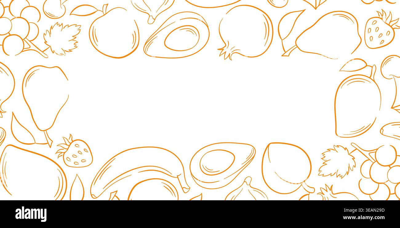 Illustration mit Obstrand im Linienart-Stil mit Apfel, Banane, Birne, Avocado, Trauben und Erdbeere. Skizzieren Sie einen Hintergrundrahmen, der für Lebensmittel auf weiß isoliert ist Stock Vektor