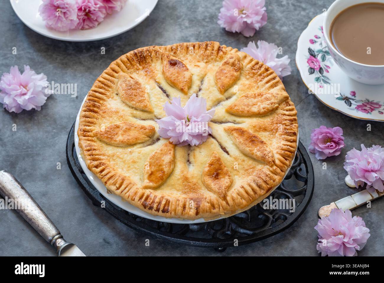 Klassischer selbstgebackener Kirschkuchen mit süßem Gebäck Stockfoto