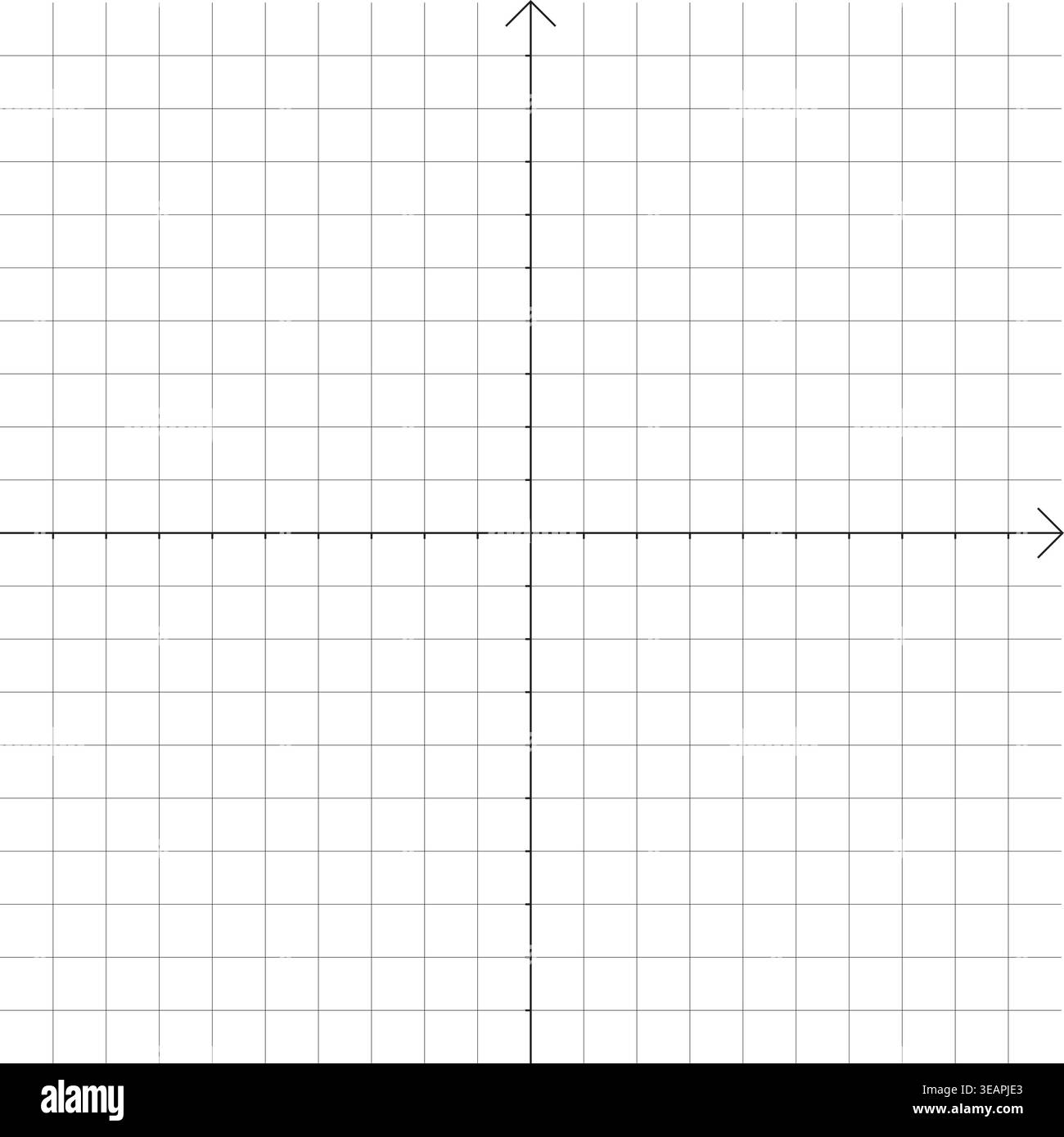 Minimalistische Vektorillustration der kartesischen Koordinatenebene mit horizontalen und vertikalen Achsen, Pfeilrichtungen und quadratischem Gitterhintergrund für Mathematik, Stock Vektor