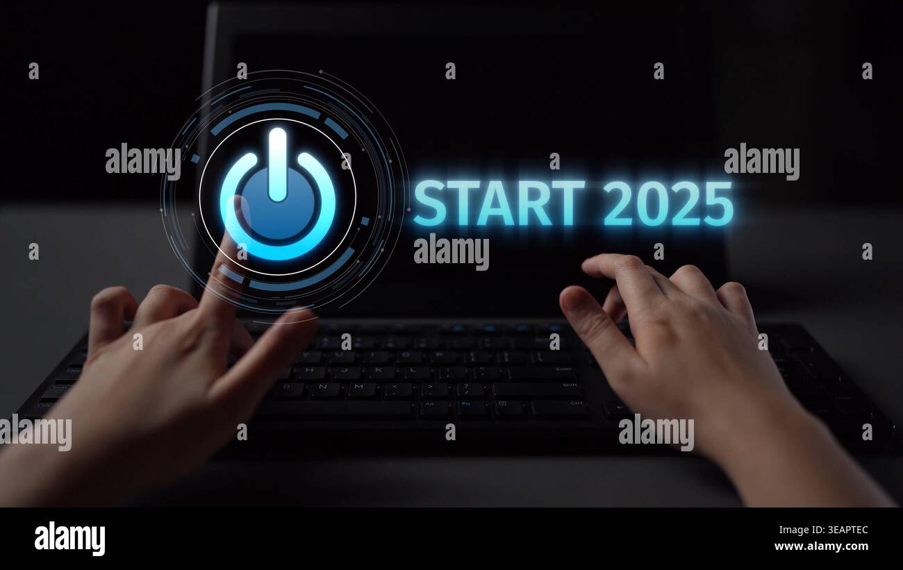 Start 2025 Konzept mit futuristischem ein-/Ausschalter symbolisiert Neuanfänge, Innovation und digitale Transformation. Starte 2025, neue Ziele und beginne Stockfoto